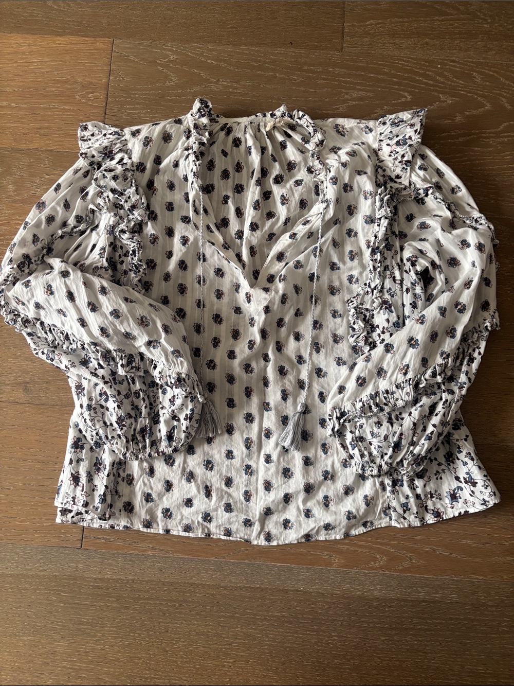 Ulla Johnson Cream Floral Ruffle Blouse with Navy Accents